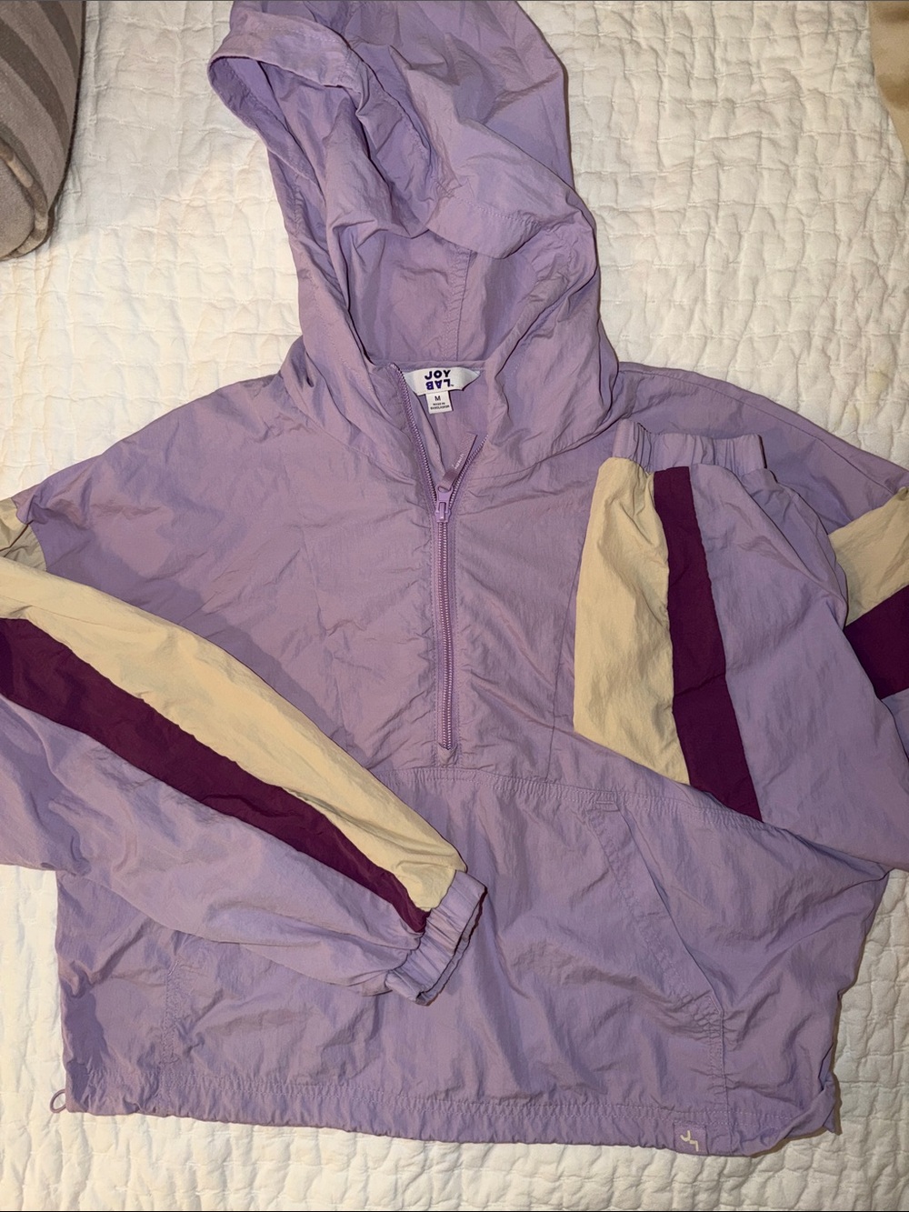 JoyLab Lavender Pullover Windbreaker with Cream & Plum Stripes
